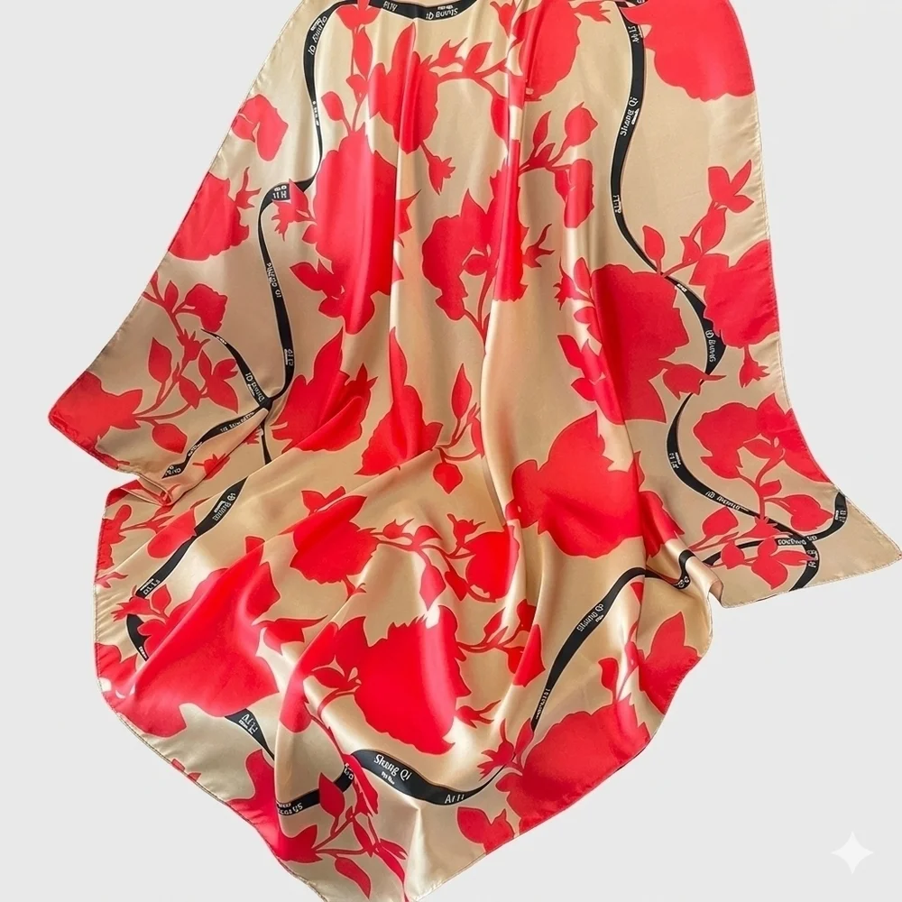 NWT Shang Qi Red Floral Silky Satin Square Scarf Head Wrap- 35